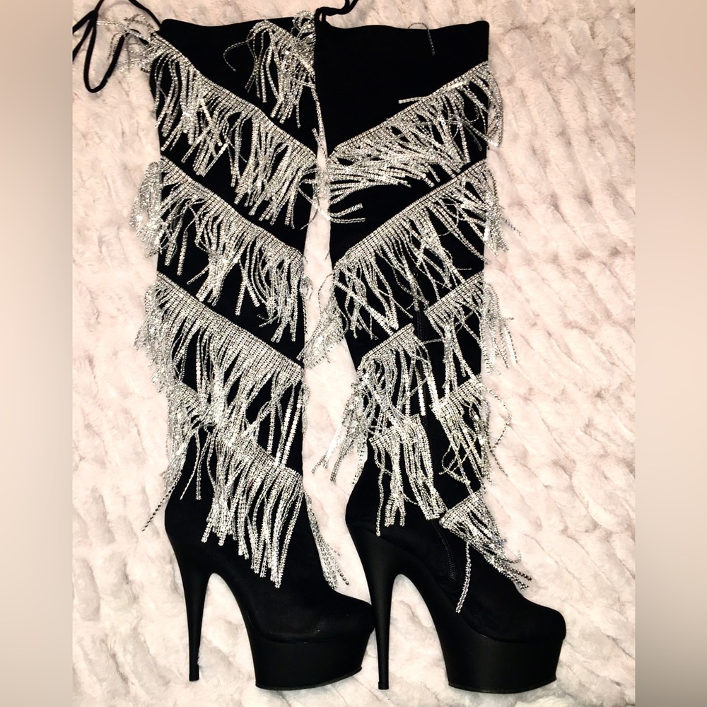 New Pleaser DELIGHT-3065 Platform Thigh High Boots with Rhinestone Fringe detail